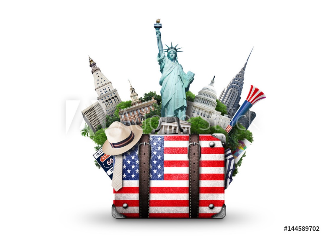 Afbeeldingen van USA vintage suitcase with American flag and landmarks